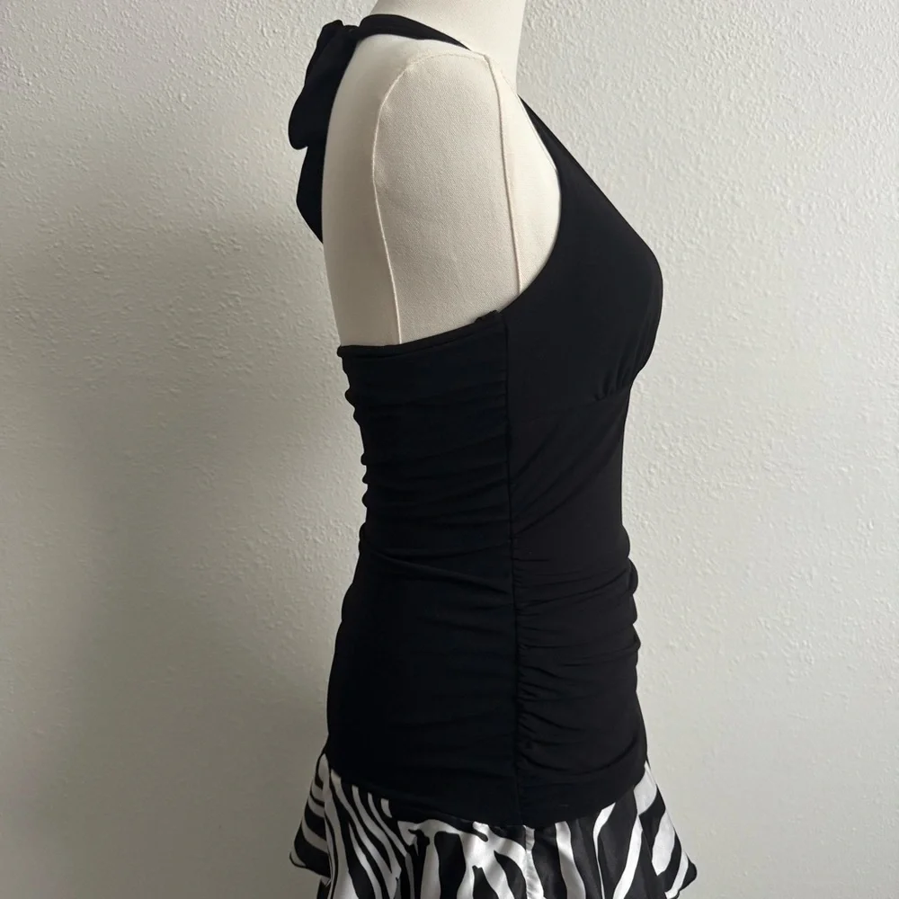 !SOLD! Vintage Y2K Black White Zebra Stretchy Halter V Neck Tiered Skirt Dress - Picture 5 of 9